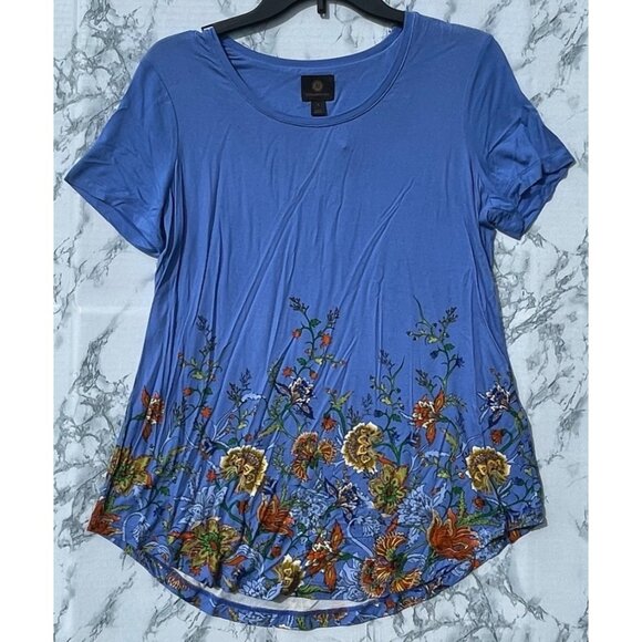 JW Collection Size L Blue Floral Print Rayon Knit Top Short Sleeve - Picture 1 of 9